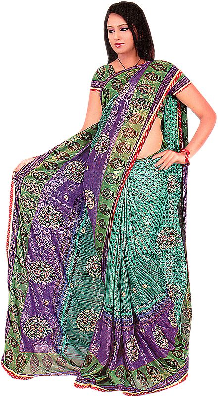 Green and Purple Printed Shimmering Sari with Crewel Embroidered Bootis and Patch Border