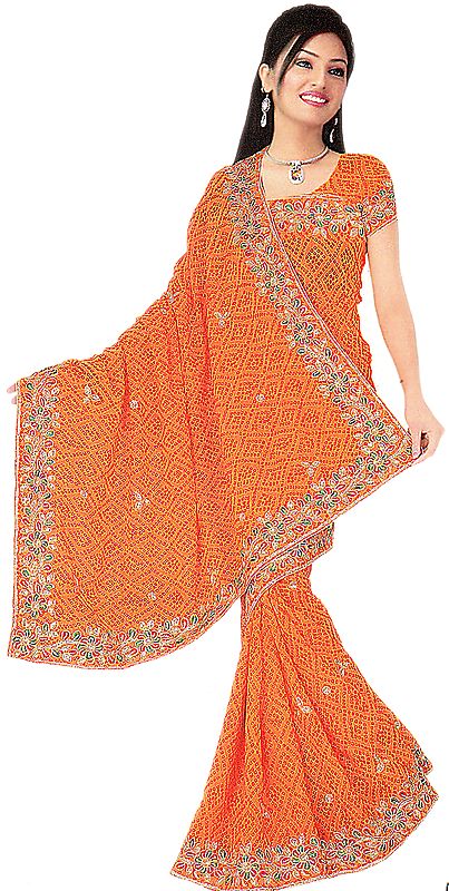 Amber Bandhani Printed Sari with Floral Embroidery on Edges