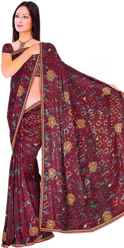 Red and Blue Printed Shimmering Sari with Crewel Embroidered Bootis