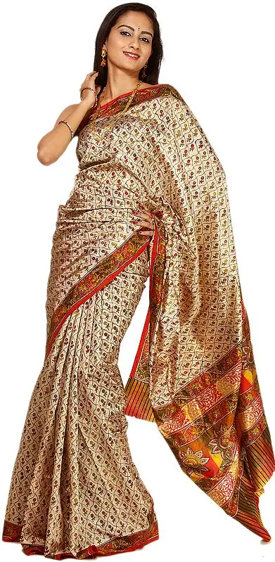 Beige Banarasi Sari with Printed Flowers