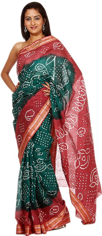 Green and Rose Shaded Bandhani Sari from Gujarat