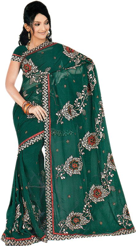 Deep-Green Sari with Large Embroidered Flowers and Metallic Thread Embroidery