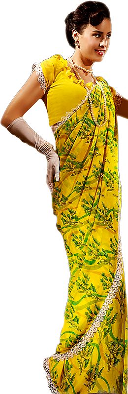 Yellow and Green Printed Sari with Mokaish Work
