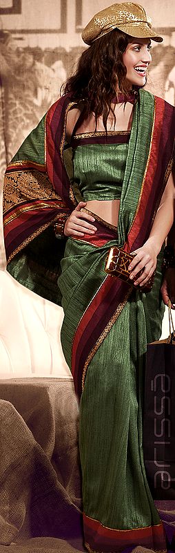 Plain Green Designer Sari with Patch Border and Anchal