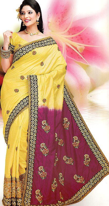 Yellow and Magenta Wedding Sari with Aari Embroidered Flowers