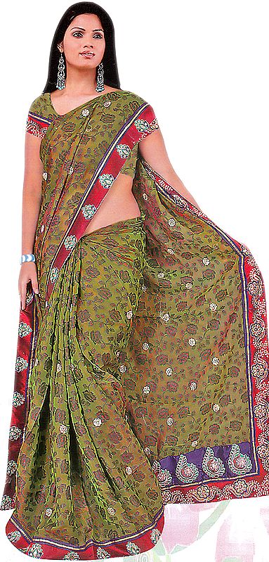 Olive Floral Woven Sari with Patch Border and Embroidered Bootis