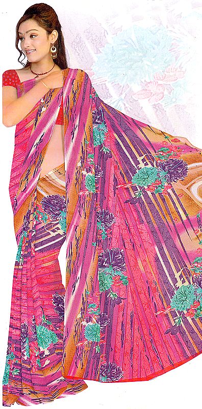 Pink and Violet Sari with Printed Flowers and Embrodiered Bootis