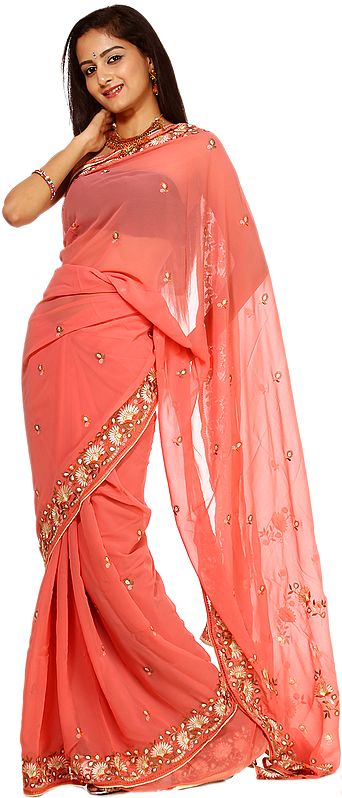 Shell-Pink Sari with Aari Embroidered Flowers