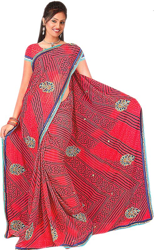 Lollipop -Red Bandhani Printed Sari with Embroidered Flowers and Patch Border