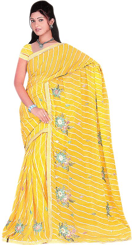 Spectra-Yellow Printed Leheria Sari with Embroidered Flowers and Patch Border