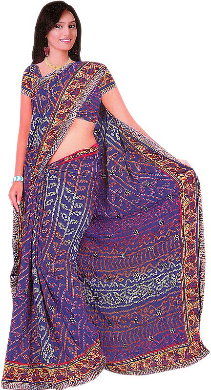 Clematis-Blue Printed Bandhani Sari with Dandiya Dance on Border