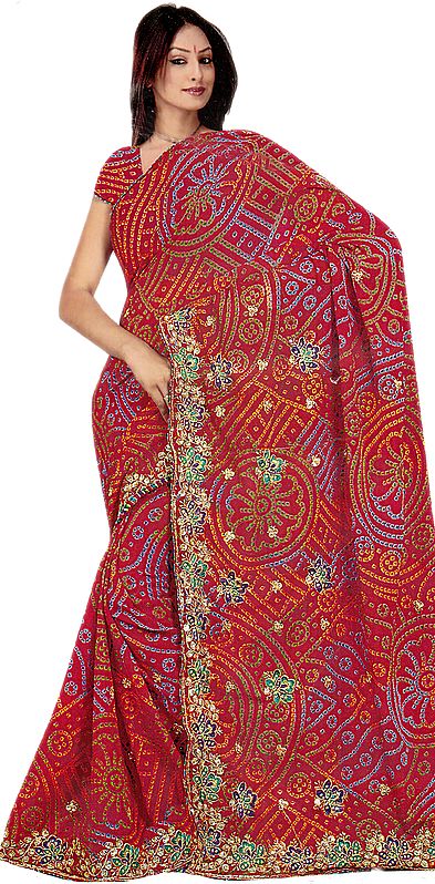 Scarlet-Red Chunri Printed Sari with Crewel Embroidered Flowers