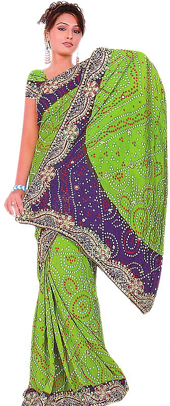 Green and Deep-Blue Bandhani Printed Sari with Embroidered Flowers