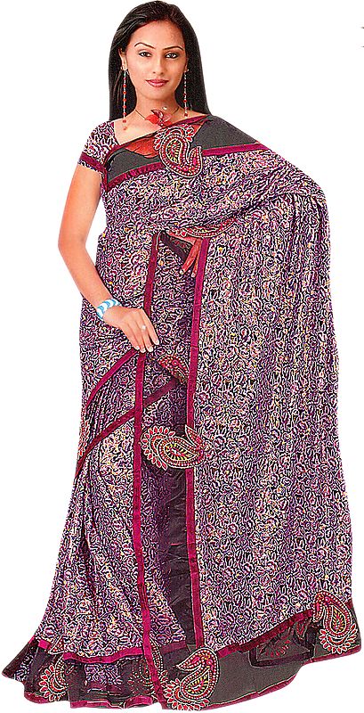 Black and Purple Shimmer Sari with Velvet Applique Paiselys