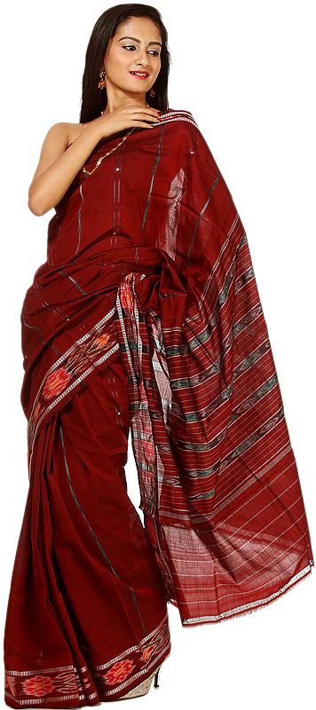 Rio-Red Sambhalpuri Sari with Ikat Weave on Aaanchal and Border