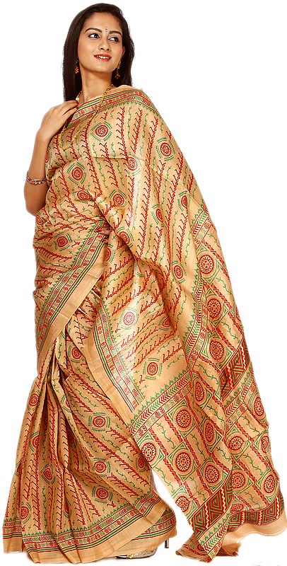 Beige Block Printed Folk Sari from Kolkata