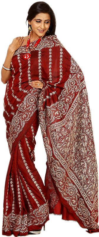 Ruby-Wine Hand Embroidered Kantha Sari from Bengal