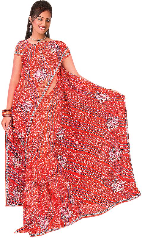 Orange Leheria Sari with Printed Polka Dots and Aari Embroidered Flowers