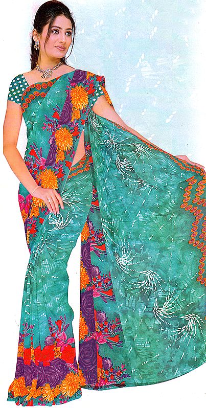Teal-Green Floral Printed Sari with Bead Work and White Strikes