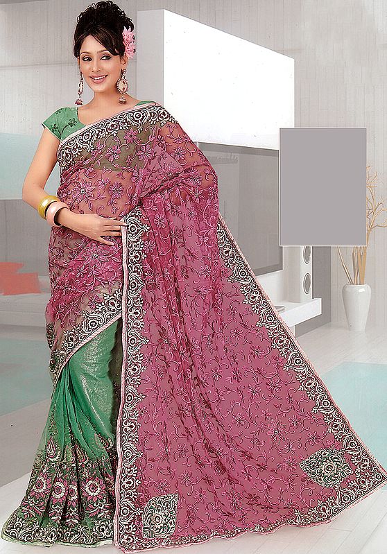 Pink and Green Wedding Sari with All-Over Aari Embroidered Flowers