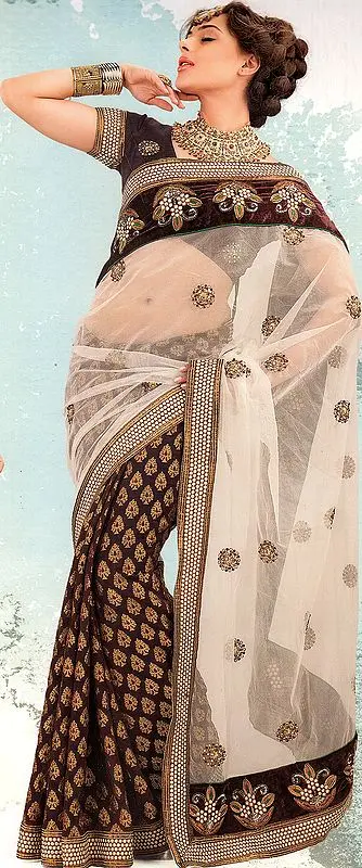 Cordovan Wedding Sari with Velvet Patch Border and Brocade Weave