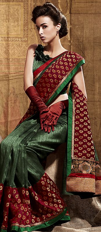 Plain Green and Red Designer Sari with Brocade Woven Bootis