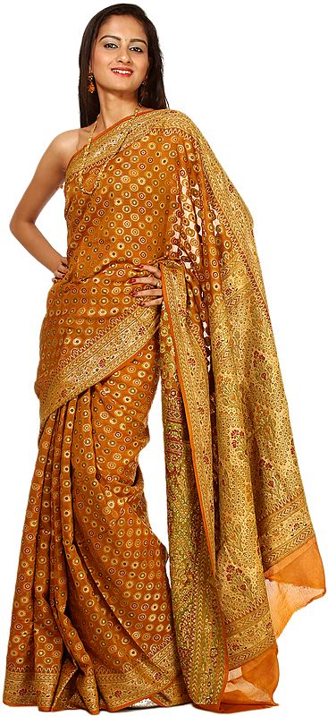 Honey-Mustard Hand-woven Banarasi Sari with Meenakari Bootis