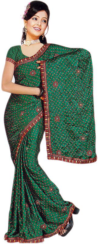 Islamic-Green Bandhani Printed Satin Sari with Embrodiered Flowers and Patch Border