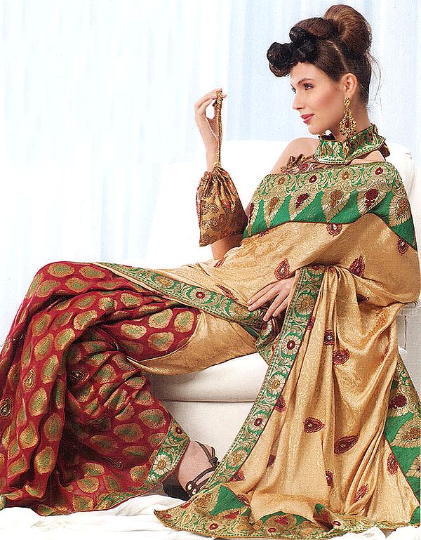 Fawn and Red Patli Designer Sari with Patch Border and Flowers Woven in Self