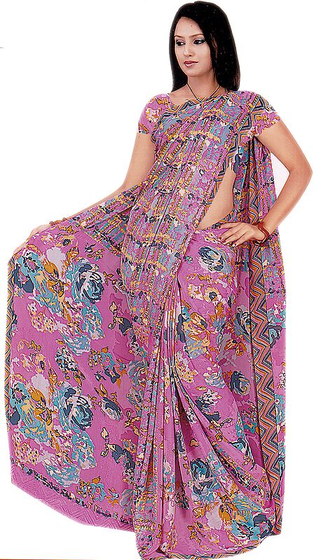 Pink Sari with Random Print and Embrodiered Sequins