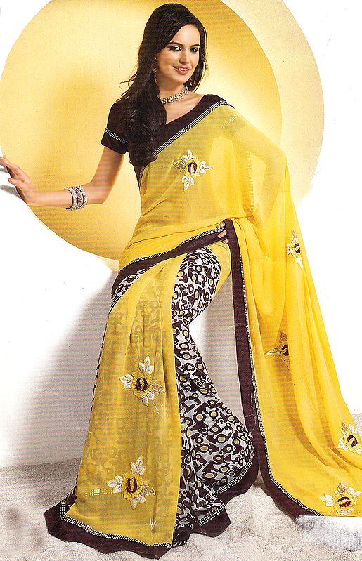 Yellow and Raisin Designer Sari with Modern Print and Embroidered Flowers