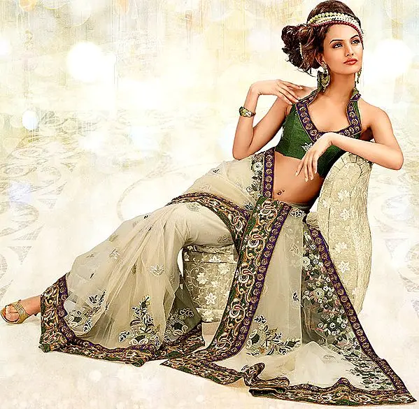 Light-Green Bridal Sari with Patch-work and Embroidered Sequins
