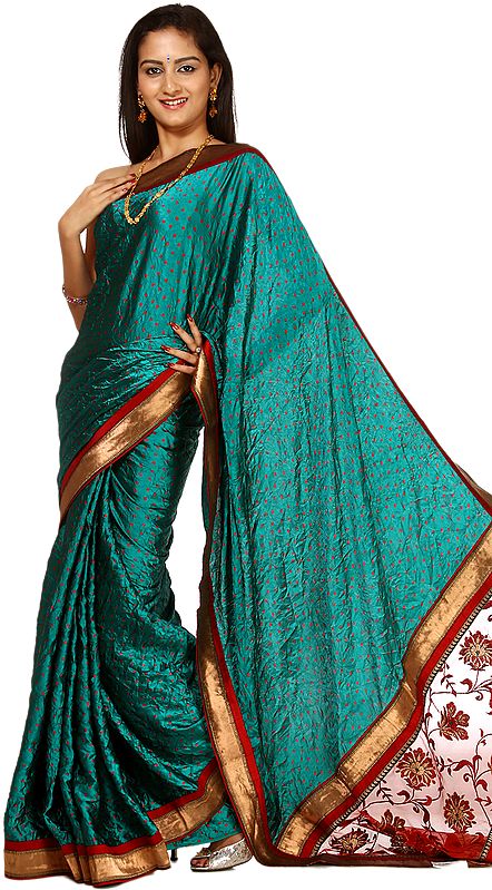 Everglade-Green Bandhani Sari with Net Anchal and Patch Border