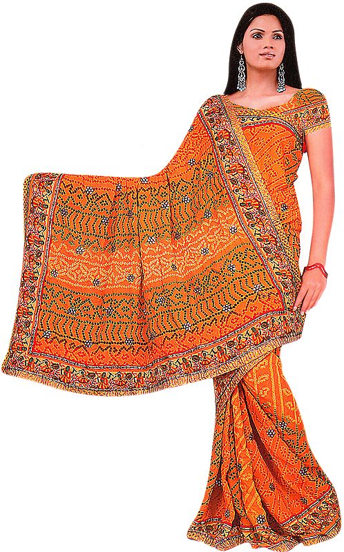 Amber Printed Bandhani Sari with Dandiya Dance on Border