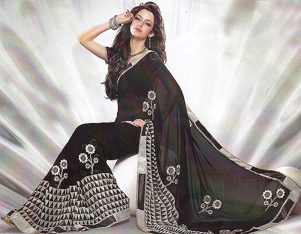 Black Printed Sari with Patch Border and Floral Embroidery