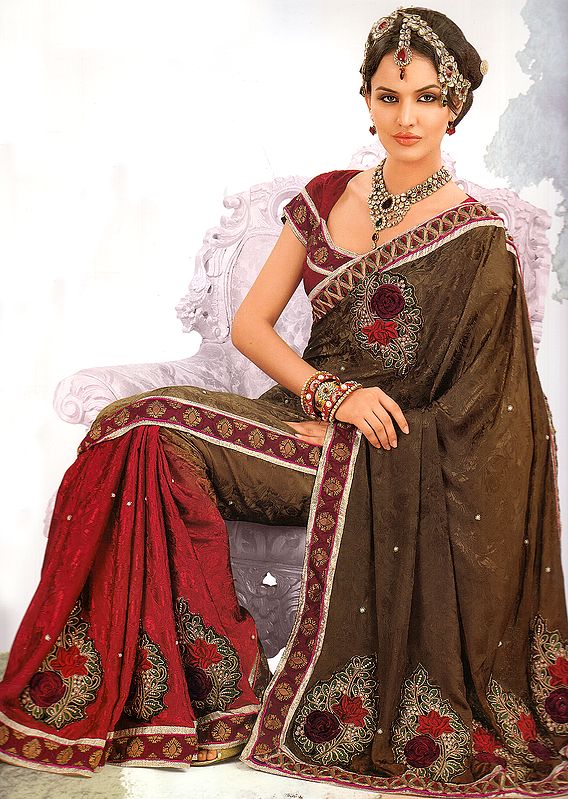 Brown and Burgundy Wedding Sari with Patch Border and Embroidered Roses