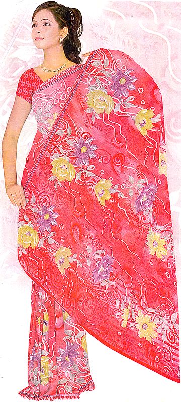 Flush-Coral Floral Printed Sari with Aari Embroidery