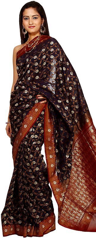 Black and Maroon Jamdani Banarasi Sari with Hand-Woven Flowers All-Over