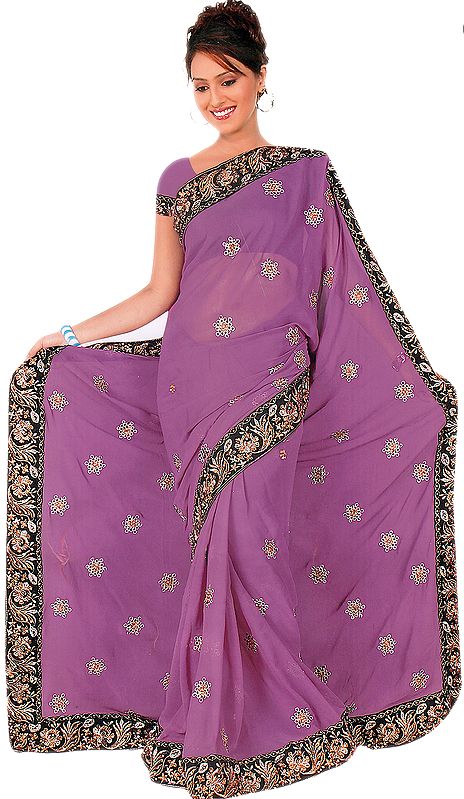 Patrician-Purple Sari with Embroidered Bootis and Patch Border