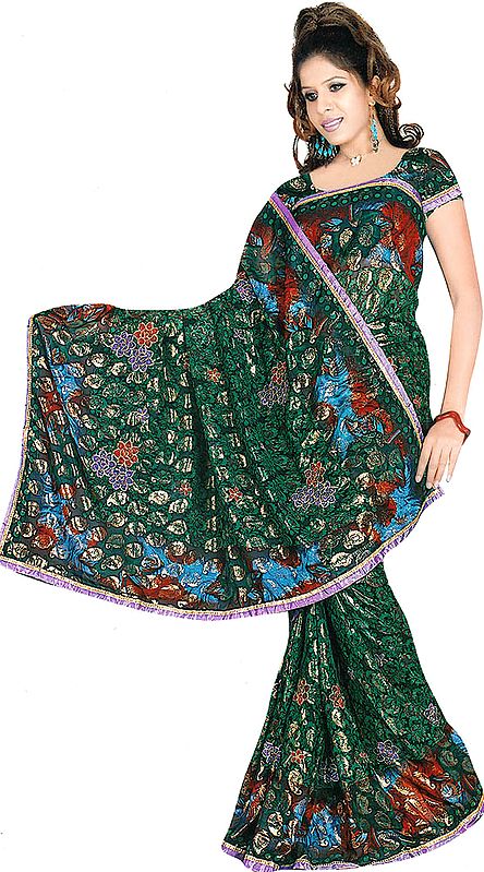 Green Printed Shimmering Sari with Embroidered Flowers and Paisleys All-Over