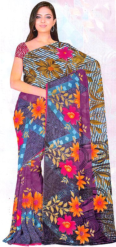 Multi-Color Sari with Printed Flowers and Embroidery