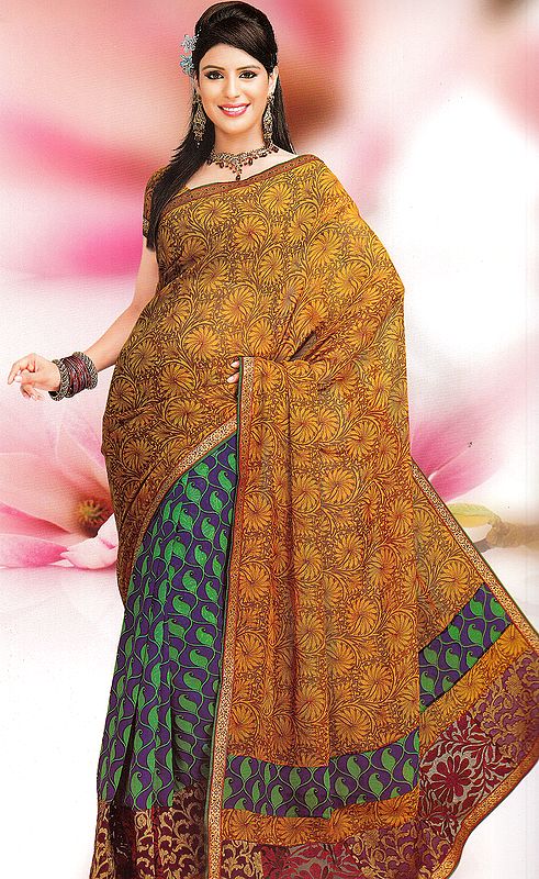 Tri-Color Floral Printed Patli Sari with Patch Border and Thread Work