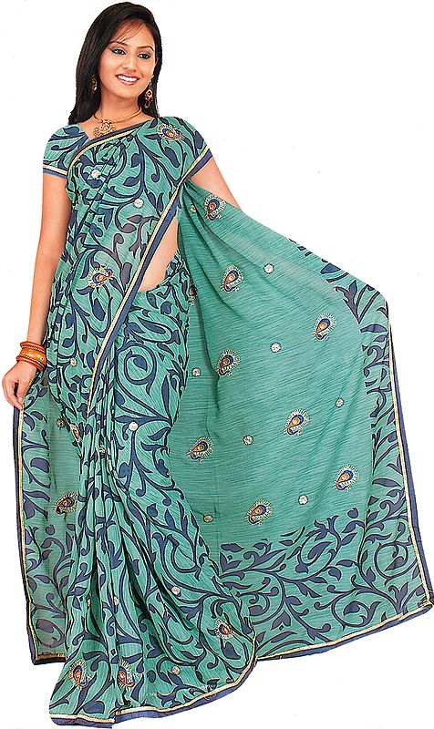 Deep-Grass Green Printed Sari with Embroidered Sequins