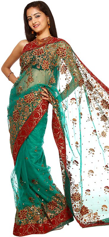 Sea-Green Sari with Floral Embroidery and Brocaded Patch Border