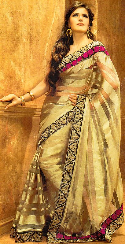 Plain Beige See-Through Sari with Patch Border and Woven Stripes