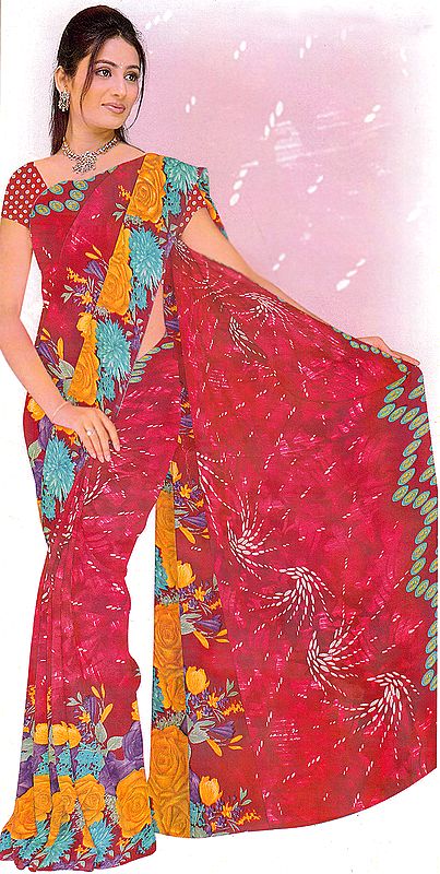 Red Floral Printed Sari with Bead Work and White Strikes