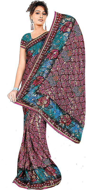Chestnut Printed Shimmering Sari with Embroidered Flowers and Paisleys All-Over