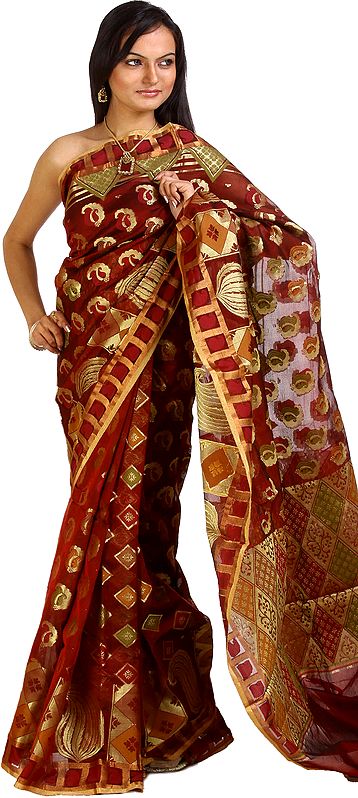 Brown Banarasi Sari with Woven Paisleys