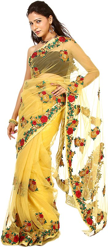 Yolk-Yellow See-Through Bridal Sari with Aari-Embroidered Roses and Bead-Work