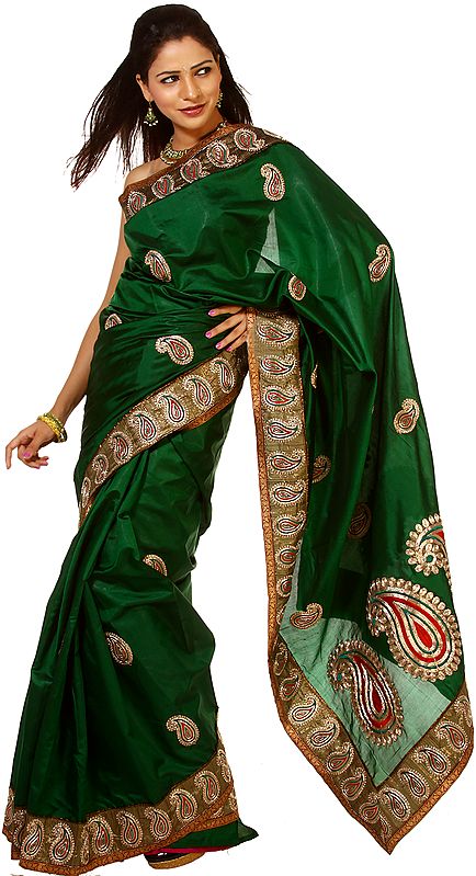 Amazon-Green Banarasi Sari with Hand Embroidered Paisleys